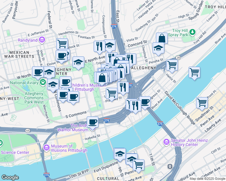 map of restaurants, bars, coffee shops, grocery stores, and more near in Pittsburgh