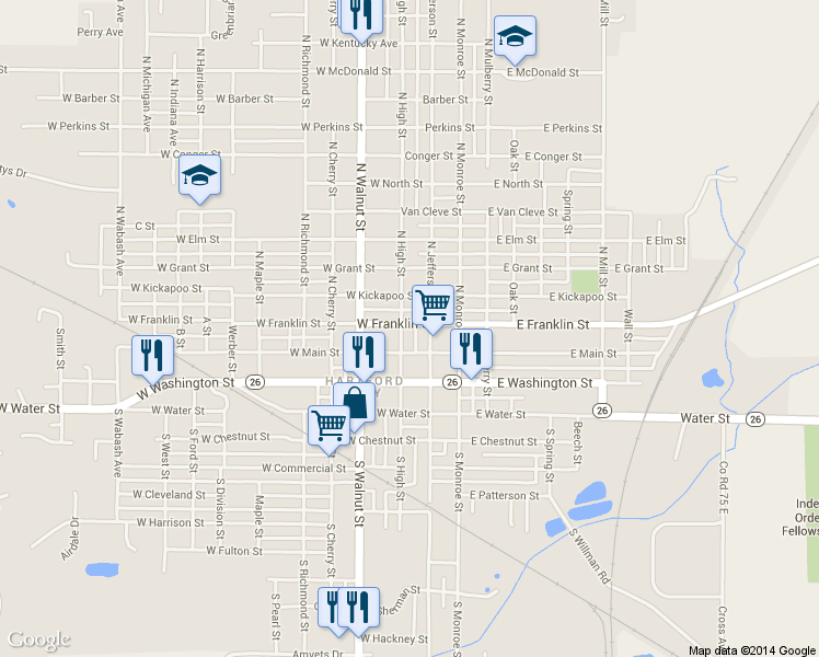 map of restaurants, bars, coffee shops, grocery stores, and more near 220 N High St in Hartford City