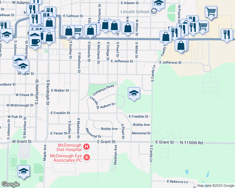 map of restaurants, bars, coffee shops, grocery stores, and more near 521 South Pearl Street in Macomb