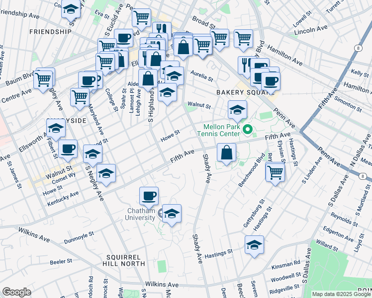 map of restaurants, bars, coffee shops, grocery stores, and more near 6116 Howe Street in Pittsburgh