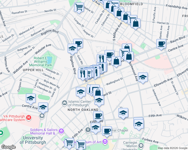 map of restaurants, bars, coffee shops, grocery stores, and more near 346 Melwood Avenue in Pittsburgh