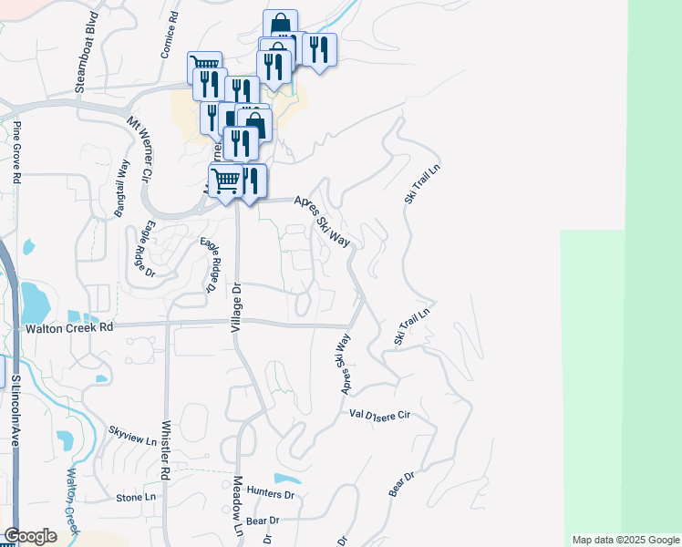 map of restaurants, bars, coffee shops, grocery stores, and more near 2540 Apres Ski Way in Steamboat Springs
