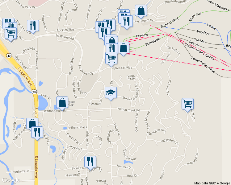 map of restaurants, bars, coffee shops, grocery stores, and more near 2700 Village Drive in Steamboat Springs