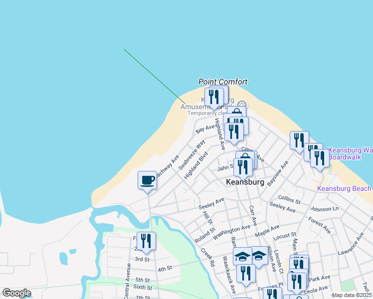 map of restaurants, bars, coffee shops, grocery stores, and more near 284 Beachway Avenue in Keansburg