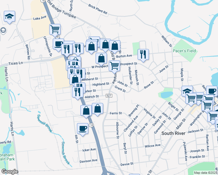 map of restaurants, bars, coffee shops, grocery stores, and more near 429 Old Bridge Turnpike in East Brunswick
