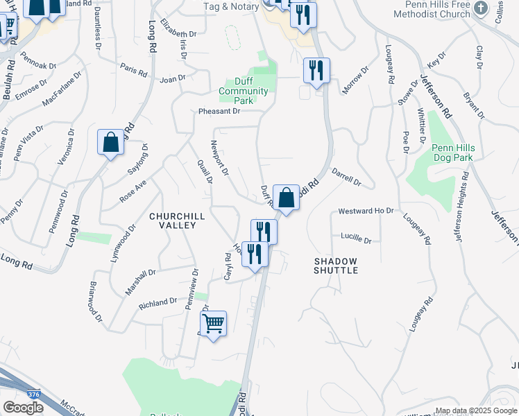 map of restaurants, bars, coffee shops, grocery stores, and more near 651 Newport Drive in Pittsburgh
