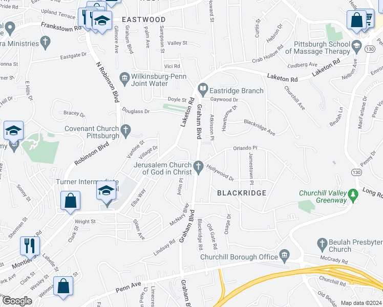 map of restaurants, bars, coffee shops, grocery stores, and more near 1736 Graham Boulevard in Pittsburgh