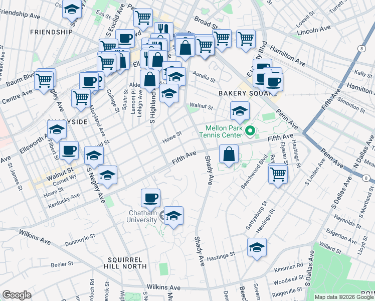 map of restaurants, bars, coffee shops, grocery stores, and more near 6116 Howe Street in Pittsburgh