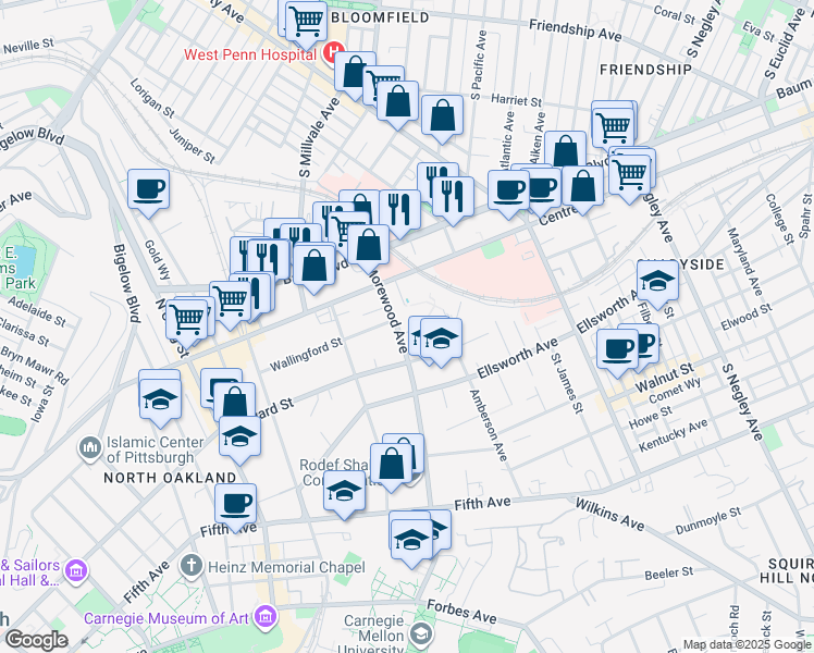 map of restaurants, bars, coffee shops, grocery stores, and more near in Pittsburgh