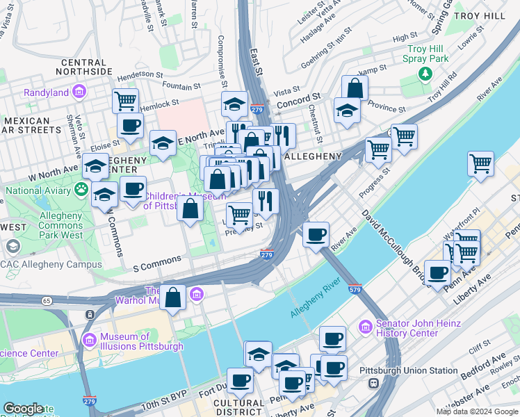 map of restaurants, bars, coffee shops, grocery stores, and more near in Pittsburgh