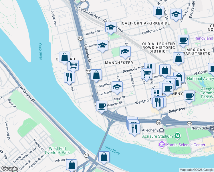 map of restaurants, bars, coffee shops, grocery stores, and more near in Pittsburgh
