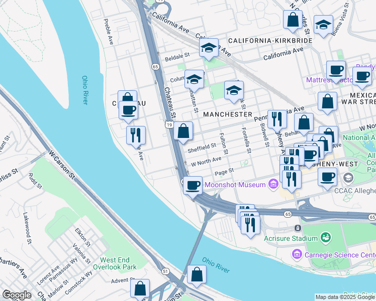 map of restaurants, bars, coffee shops, grocery stores, and more near 1300 Chateau Street in Pittsburgh