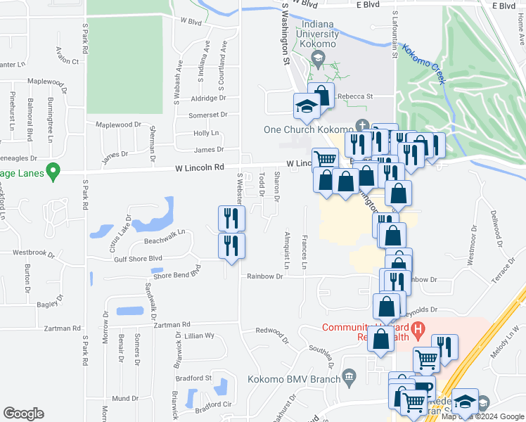 map of restaurants, bars, coffee shops, grocery stores, and more near 419 West Lincoln Road in Kokomo