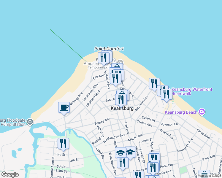map of restaurants, bars, coffee shops, grocery stores, and more near 40 Highland Avenue in Keansburg