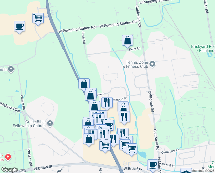 map of restaurants, bars, coffee shops, grocery stores, and more near 167 Sunshine Drive in Quakertown