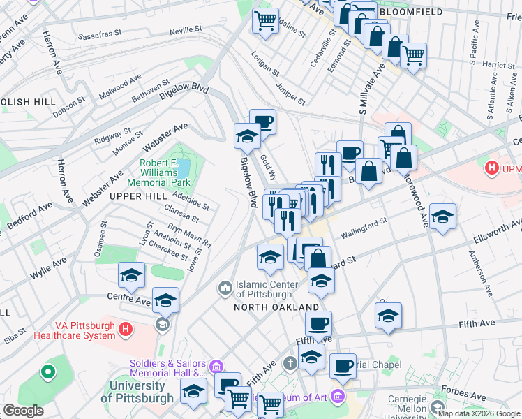 map of restaurants, bars, coffee shops, grocery stores, and more near 3955 Bigelow Boulevard in Pittsburgh