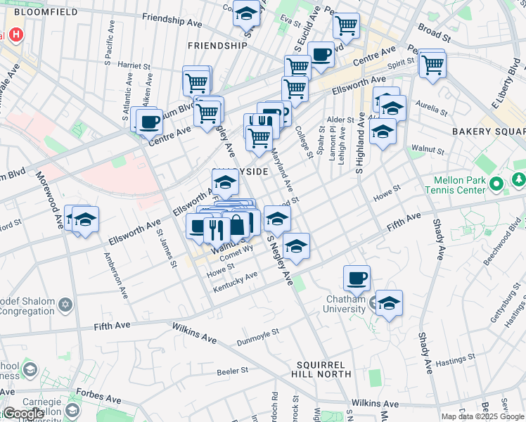 map of restaurants, bars, coffee shops, grocery stores, and more near 717 South Negley Avenue in Pittsburgh