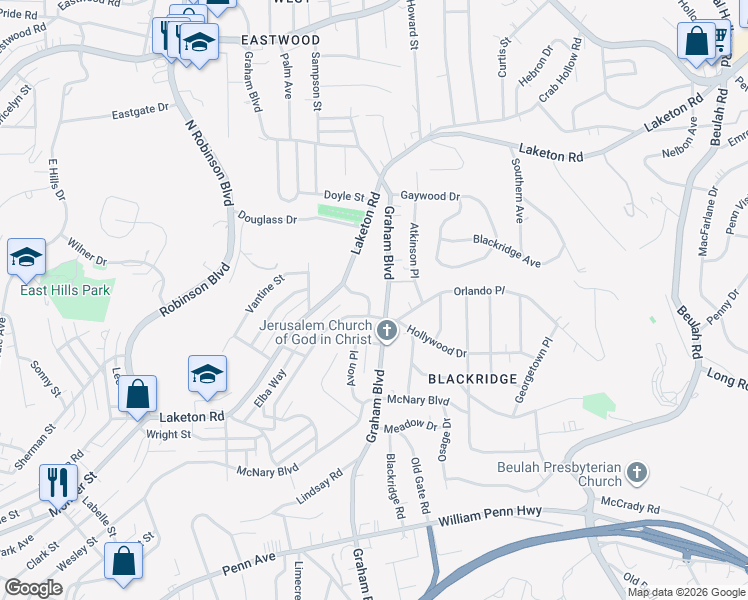 map of restaurants, bars, coffee shops, grocery stores, and more near 1736 Graham Boulevard in Pittsburgh