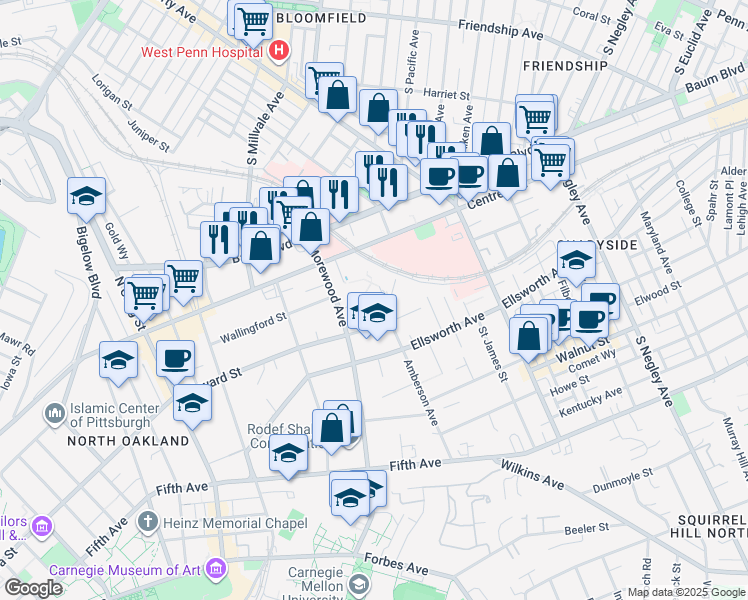 map of restaurants, bars, coffee shops, grocery stores, and more near 4 Bayard Road in Pittsburgh