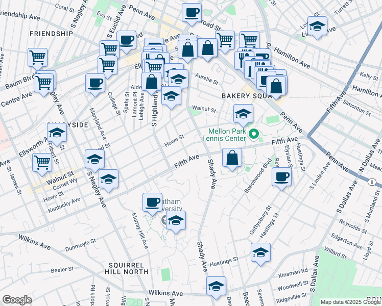 map of restaurants, bars, coffee shops, grocery stores, and more near 6201 Fifth Avenue in Pittsburgh