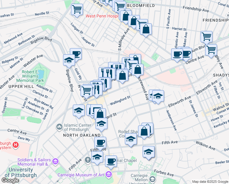 map of restaurants, bars, coffee shops, grocery stores, and more near 4742 Centre Avenue in Pittsburgh