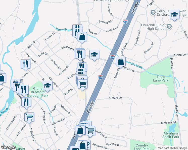 map of restaurants, bars, coffee shops, grocery stores, and more near 3108 Cedar Village Boulevard in East Brunswick