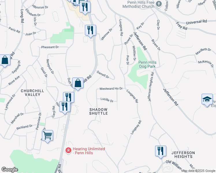 map of restaurants, bars, coffee shops, grocery stores, and more near 134 Westward Ho Drive in Pittsburgh