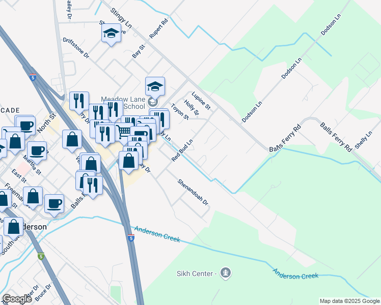 map of restaurants, bars, coffee shops, grocery stores, and more near 2425 Shady Lane in Anderson