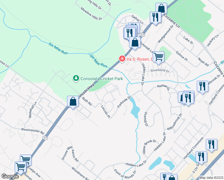 map of restaurants, bars, coffee shops, grocery stores, and more near 9 Lincoln Place in North Brunswick Township