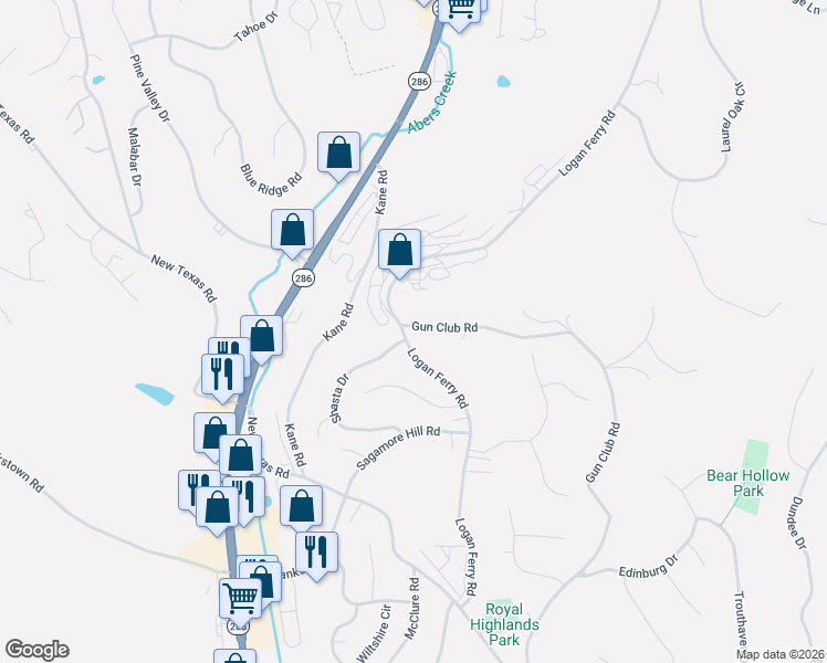 map of restaurants, bars, coffee shops, grocery stores, and more near 4197 Gun Club Road in Murrysville