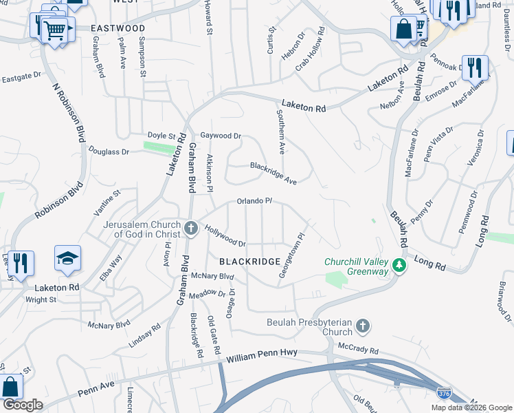 map of restaurants, bars, coffee shops, grocery stores, and more near 2505 Orlando Place in Pittsburgh