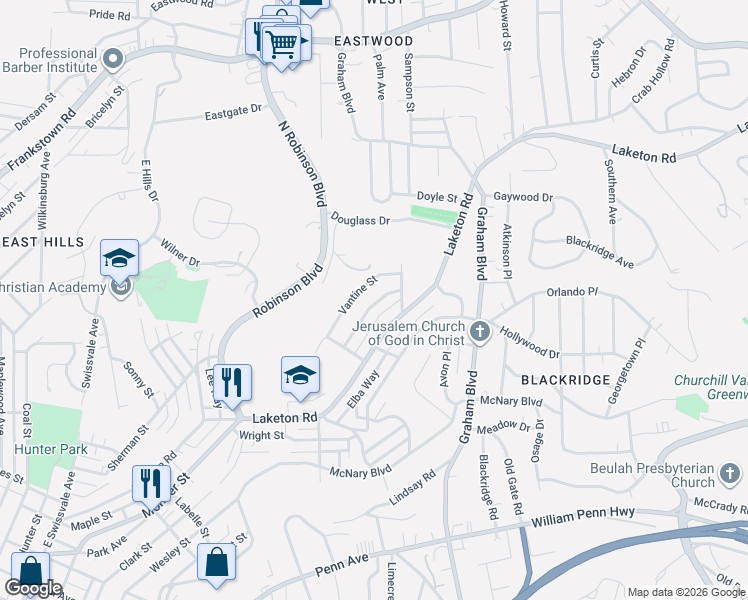 map of restaurants, bars, coffee shops, grocery stores, and more near 2188 Vantine Street in Pittsburgh