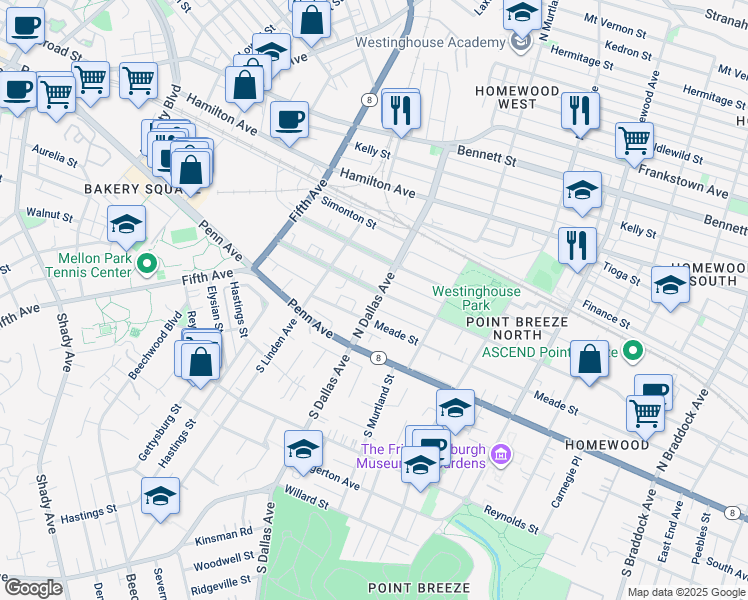 map of restaurants, bars, coffee shops, grocery stores, and more near 6901 Thomas Boulevard in Pittsburgh