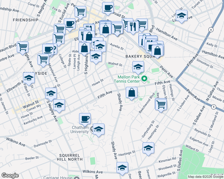 map of restaurants, bars, coffee shops, grocery stores, and more near 600 Shady Avenue in Pittsburgh