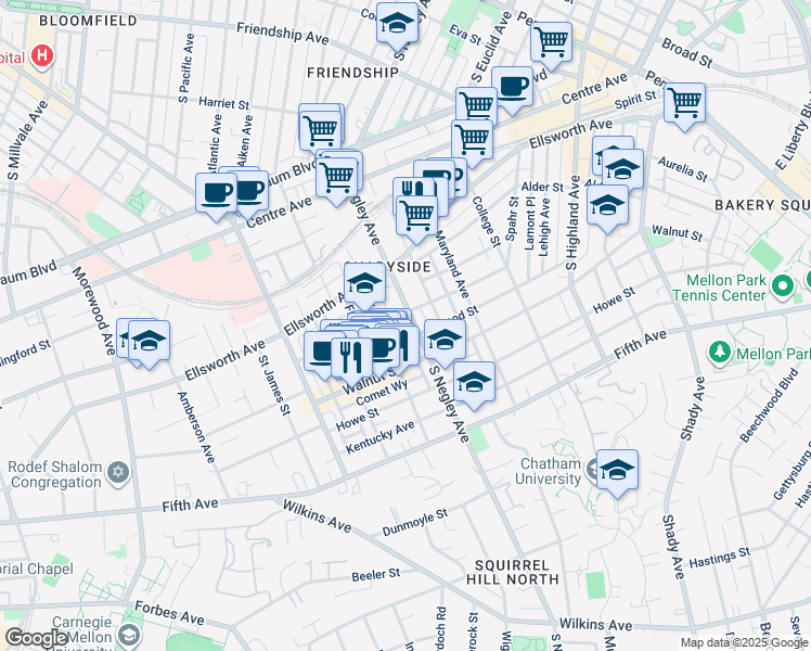 map of restaurants, bars, coffee shops, grocery stores, and more near 5611 Elmer Street in Pittsburgh