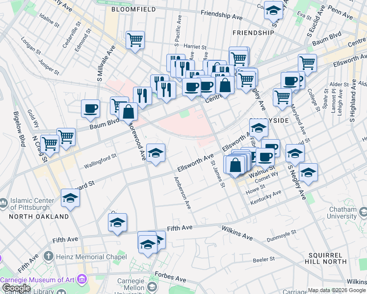 map of restaurants, bars, coffee shops, grocery stores, and more near 8 Colonial Place in Pittsburgh