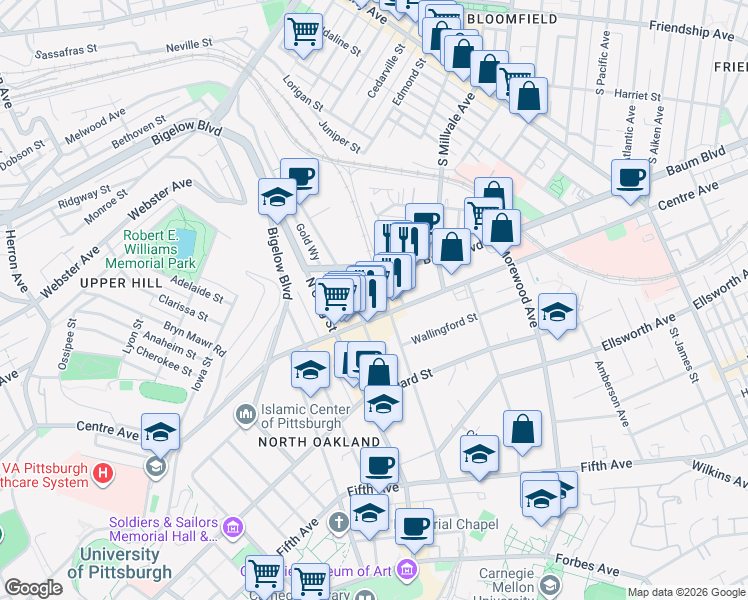 map of restaurants, bars, coffee shops, grocery stores, and more near 4712 Baum Boulevard in Pittsburgh