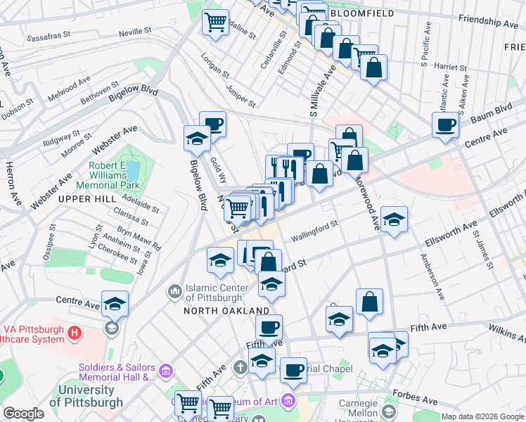 map of restaurants, bars, coffee shops, grocery stores, and more near 4712 Baum Boulevard in Pittsburgh