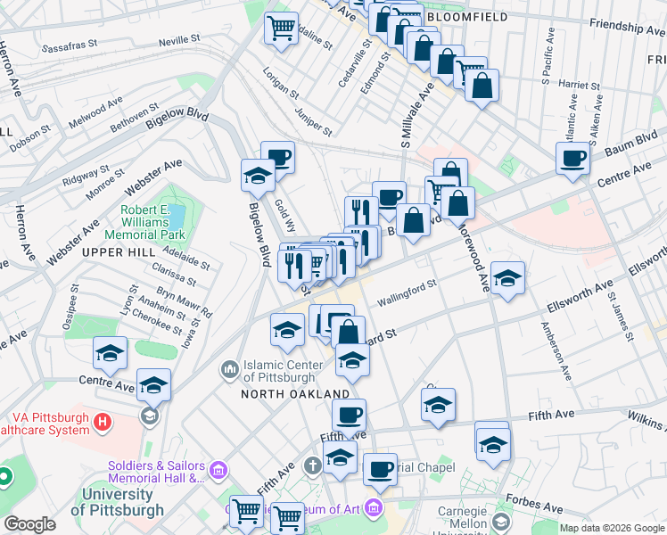 map of restaurants, bars, coffee shops, grocery stores, and more near 346 Melwood Avenue in Pittsburgh