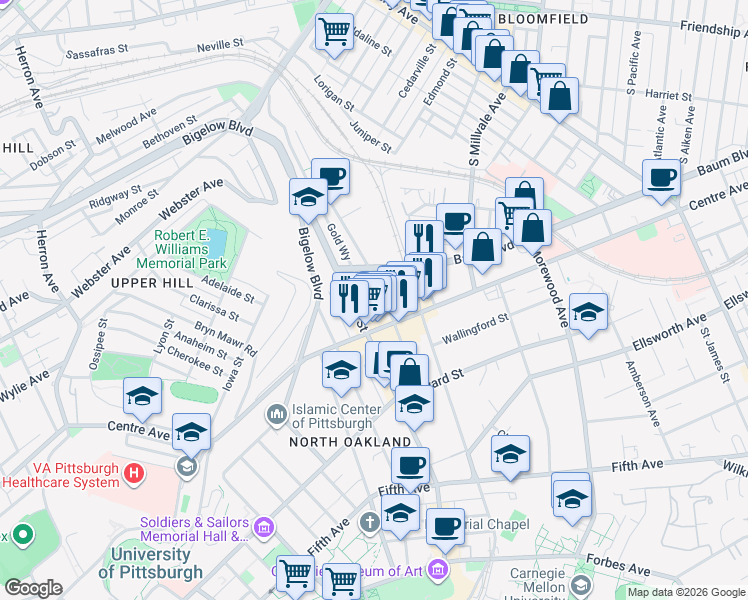 map of restaurants, bars, coffee shops, grocery stores, and more near 346 Melwood Avenue in Pittsburgh