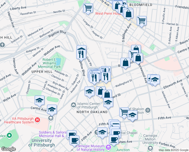 map of restaurants, bars, coffee shops, grocery stores, and more near in Pittsburgh