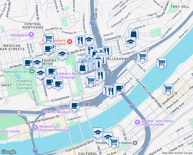 map of restaurants, bars, coffee shops, grocery stores, and more near in Pittsburgh