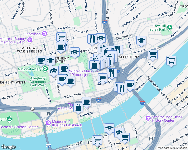 map of restaurants, bars, coffee shops, grocery stores, and more near 416 East Ohio Street in Pittsburgh