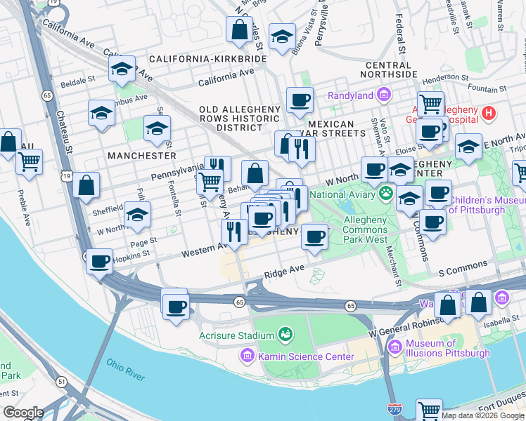 map of restaurants, bars, coffee shops, grocery stores, and more near 907 West North Avenue in Pittsburgh