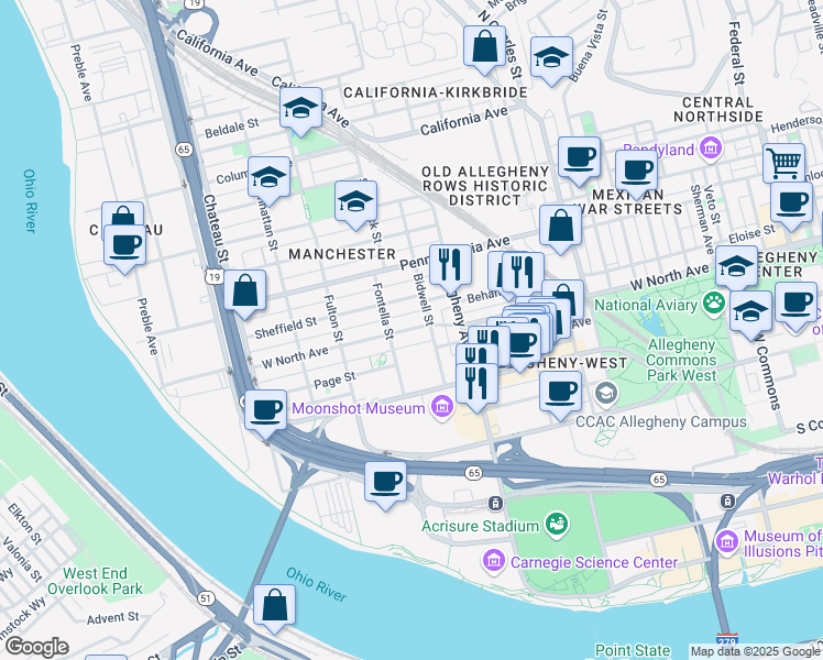 map of restaurants, bars, coffee shops, grocery stores, and more near 1123 Sheffield Street in Pittsburgh