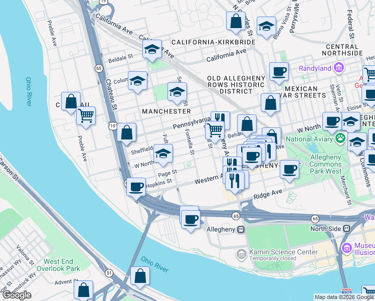 map of restaurants, bars, coffee shops, grocery stores, and more near 1123 Sheffield Street in Pittsburgh