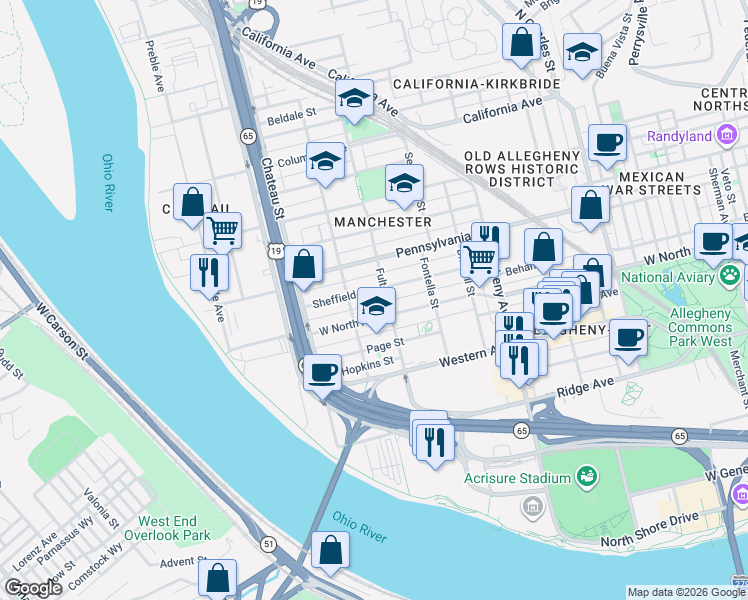 map of restaurants, bars, coffee shops, grocery stores, and more near 1314 Sheffield Street in Pittsburgh