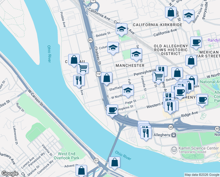 map of restaurants, bars, coffee shops, grocery stores, and more near 1300 Chateau Street in Pittsburgh