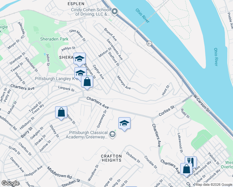 map of restaurants, bars, coffee shops, grocery stores, and more near 2730 Zephyr Avenue in Pittsburgh