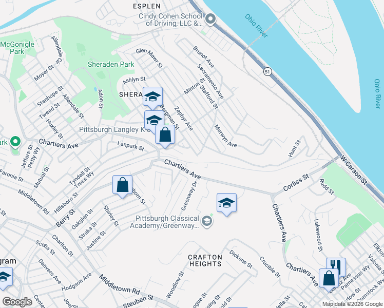 map of restaurants, bars, coffee shops, grocery stores, and more near 2762 Bergman Street in Pittsburgh